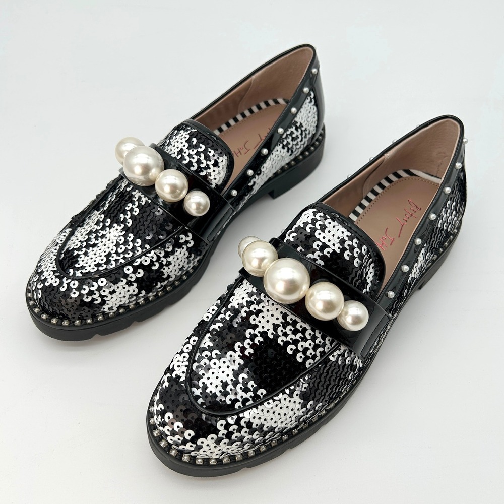 Embellished Womens Loafers Betsey Johnson Harloe Sz 7.5 Black White Sequins NEW - Picture 6 of 6